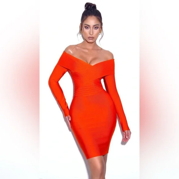 Sierra orange off shoulder long sleeve mini bandage dress - Picture 1 of 5